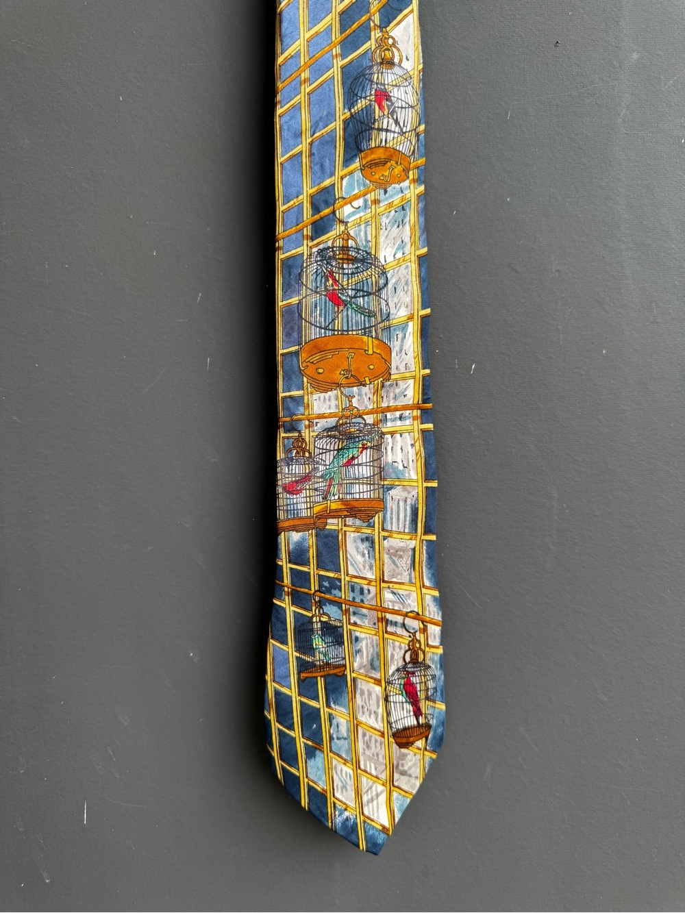 Vintage Guy Laroche birds in birdcages Made in the USA silk necktie